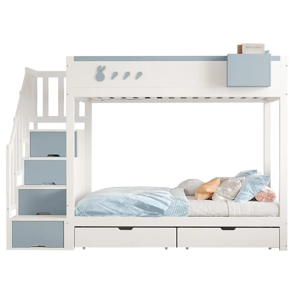 Enfant Redom Lit superposé 90x200 cm avec tiroirs et étagère amovible, structure bois blanc/bleu, échelle sécurisée