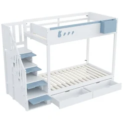 Enfant Redom Lit superposé 90x200 cm avec tiroirs et étagère amovible, structure bois blanc/bleu, échelle sécurisée
