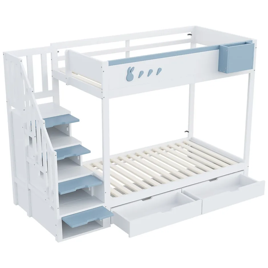 Enfant Redom Lit superposé 90x200 cm avec tiroirs et étagère amovible, structure bois blanc/bleu, échelle sécurisée