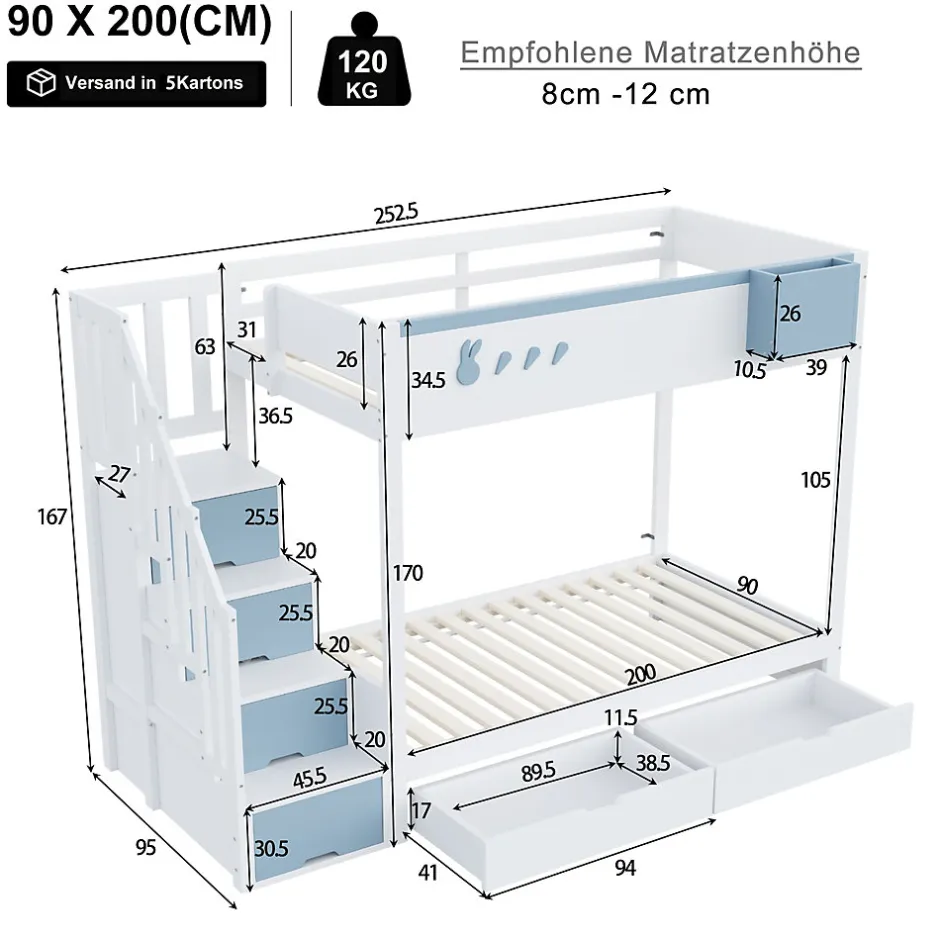 Enfant Redom Lit superposé 90x200 cm avec tiroirs et étagère amovible, structure bois blanc/bleu, échelle sécurisée