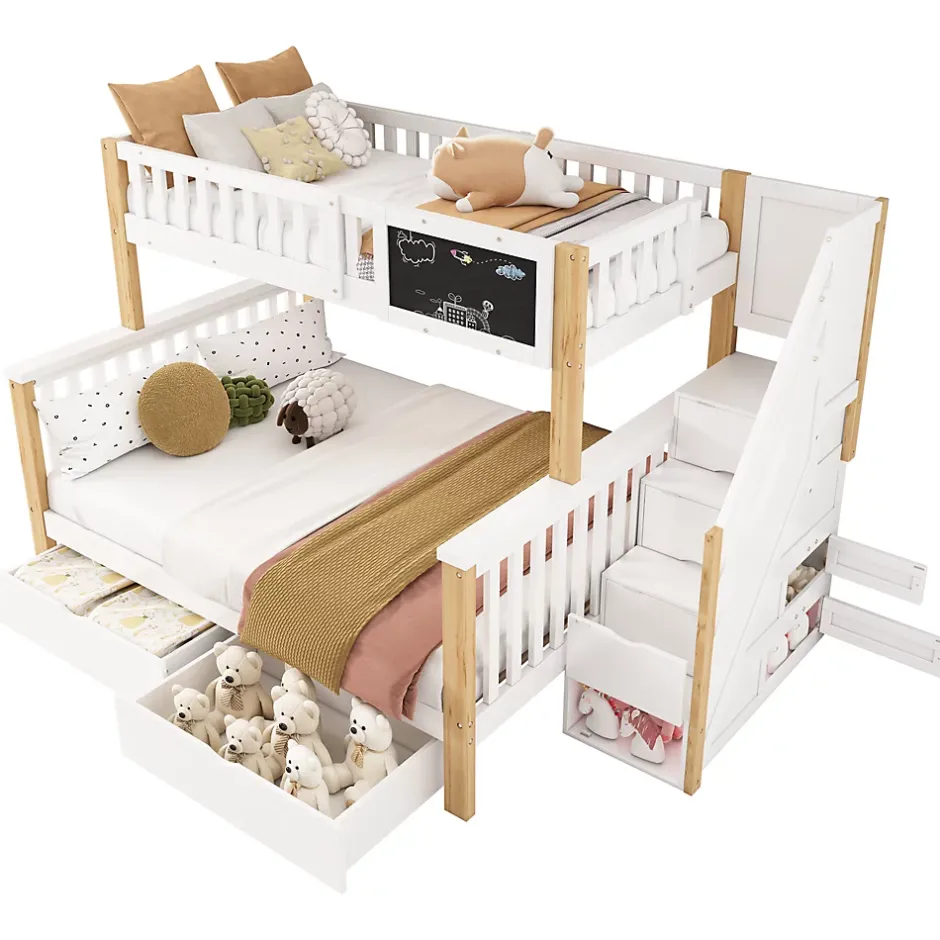 Redom Lit superposé 90x200 cm avec tiroirs et échelle intégrée, structure en pin massif blanc et chêne clair Best