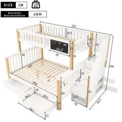 Redom Lit superposé 90x200 cm avec tiroirs et échelle intégrée, structure en pin massif blanc et chêne clair Best