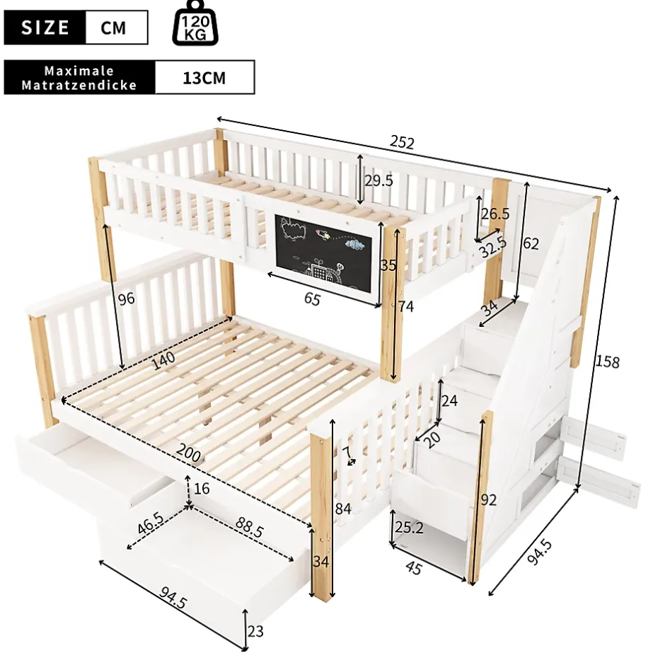 Redom Lit superposé 90x200 cm avec tiroirs et échelle intégrée, structure en pin massif blanc et chêne clair Best