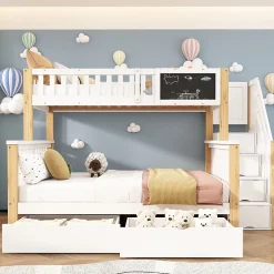 Redom Lit superposé 90x200 cm avec tiroirs et échelle intégrée, structure en pin massif blanc et chêne clair Best