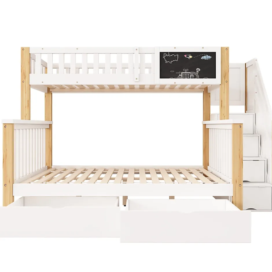 Redom Lit superposé 90x200 cm avec tiroirs et échelle intégrée, structure en pin massif blanc et chêne clair Best