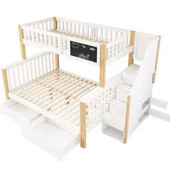 Redom Lit superposé 90x200 cm avec tiroirs et échelle intégrée, structure en pin massif blanc et chêne clair Best