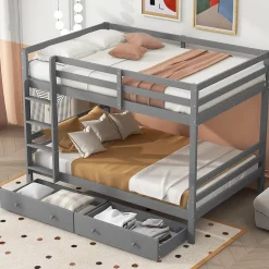 Redom Lit superposé 140x200 cm avec tiroirs de rangement et échelle intégrée, structure pin/MDF gris Hot