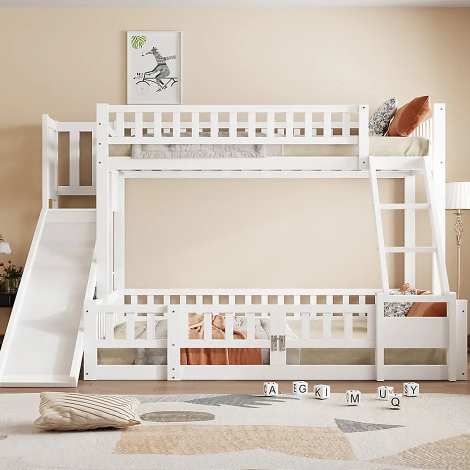 Enfant Redom Lit superposé 140x200 cm avec toboggan ludique et étagères intégrées, structure en pin et MDF blanc