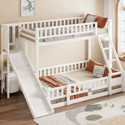 Enfant Redom Lit superposé 140x200 cm avec toboggan ludique et étagères intégrées, structure en pin et MDF blanc