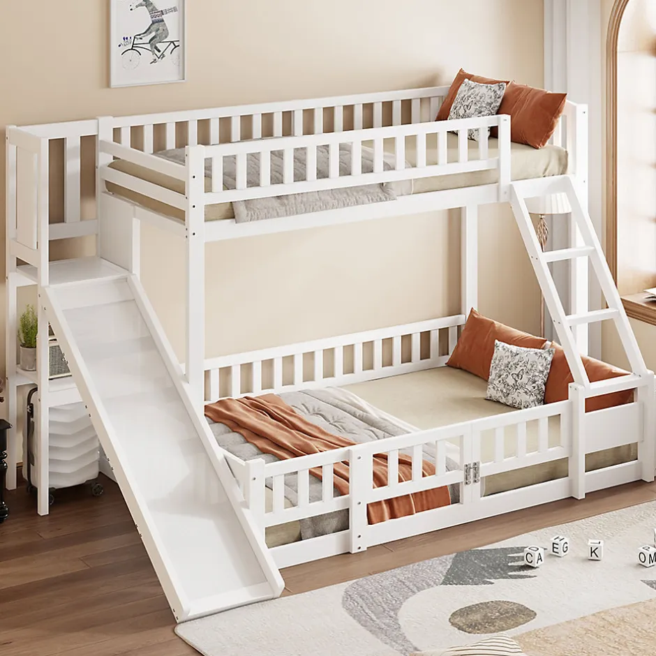 Enfant Redom Lit superposé 140x200 cm avec toboggan ludique et étagères intégrées, structure en pin et MDF blanc