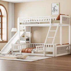 Enfant Redom Lit superposé 140x200 cm avec toboggan ludique et étagères intégrées, structure en pin et MDF blanc
