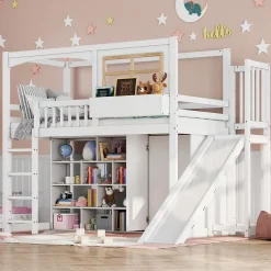 Redom Lit superposé 90x200 cm avec toboggan et armoire intégrée, échelle 4 marches, structure pin et MDF Sale