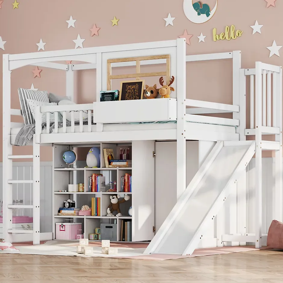 Redom Lit superposé 90x200 cm avec toboggan et armoire intégrée, échelle 4 marches, structure pin et MDF Sale