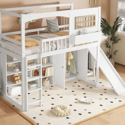Redom Lit superposé 90x200 cm avec toboggan et armoire intégrée, échelle 4 marches, structure pin et MDF Sale
