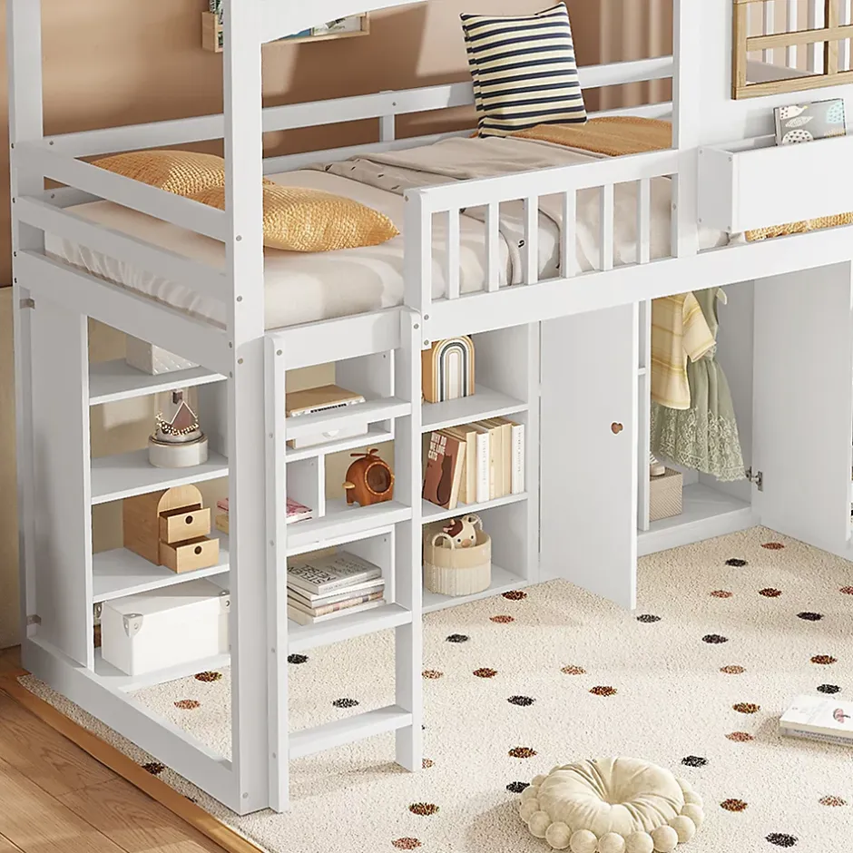 Redom Lit superposé 90x200 cm avec toboggan et armoire intégrée, échelle 4 marches, structure pin et MDF Sale