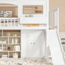 Redom Lit superposé 90x200 cm avec toboggan et armoire intégrée, échelle 4 marches, structure pin et MDF Sale