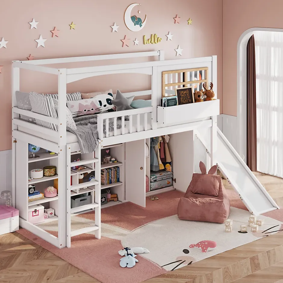 Redom Lit superposé 90x200 cm avec toboggan et armoire intégrée, échelle 4 marches, structure pin et MDF Sale