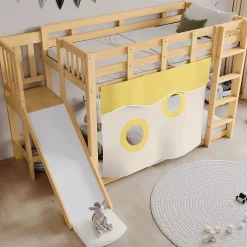 Redom Lit superposé 90x200 cm avec toboggan et escalier intégrés, structure pin et MDF, design naturel pour chambre enfant Hot
