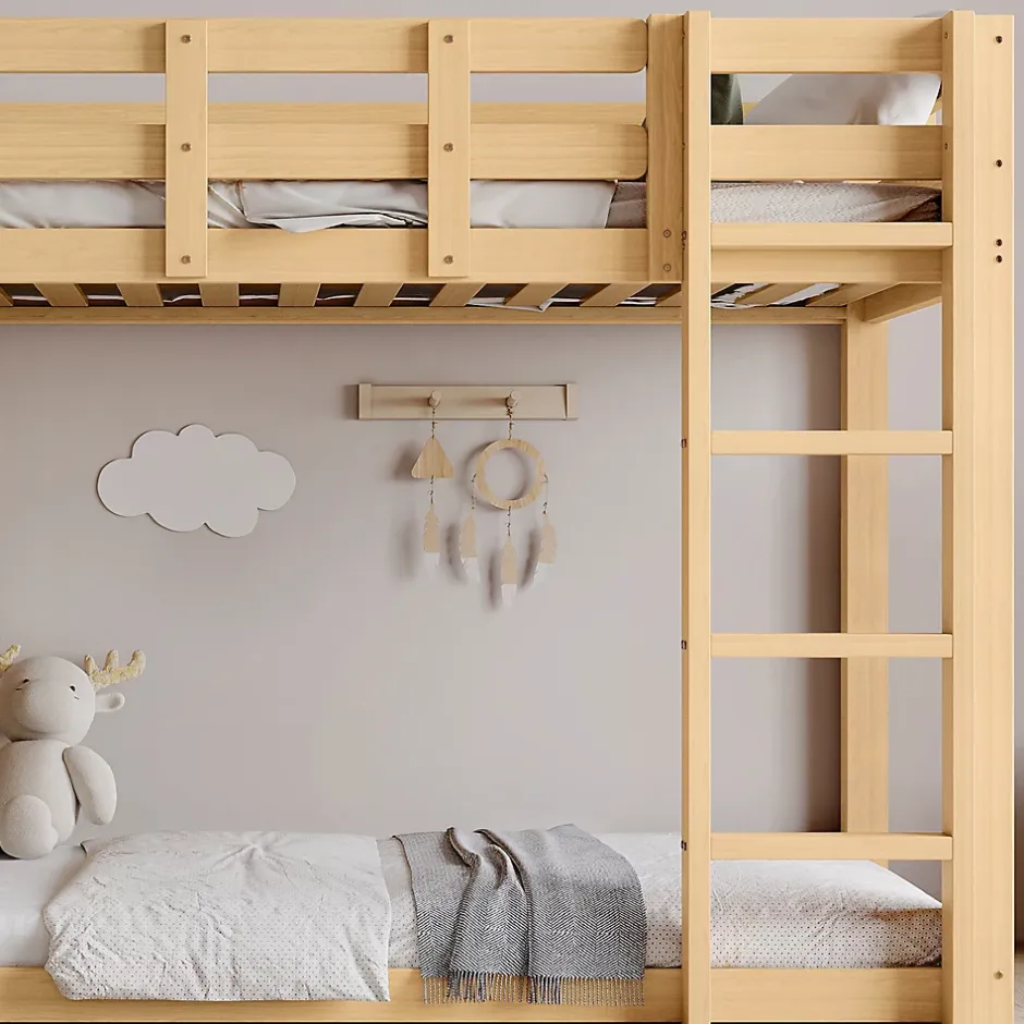Redom Lit superposé 90x200 cm avec toboggan et escalier intégrés, structure pin et MDF, design naturel pour chambre enfant Hot