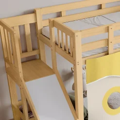 Redom Lit superposé 90x200 cm avec toboggan et escalier intégrés, structure pin et MDF, design naturel pour chambre enfant Hot