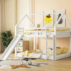 Redom Lit superposé 140x200 cm avec toboggan et échelle, structure en pin massif et MDF, style maison ludique Discount