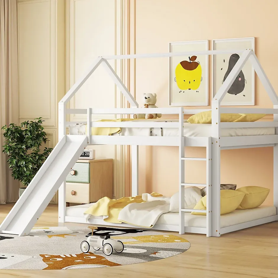 Redom Lit superposé 140x200 cm avec toboggan et échelle, structure en pin massif et MDF, style maison ludique Discount