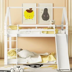 Redom Lit superposé 140x200 cm avec toboggan et échelle, structure en pin massif et MDF, style maison ludique Discount
