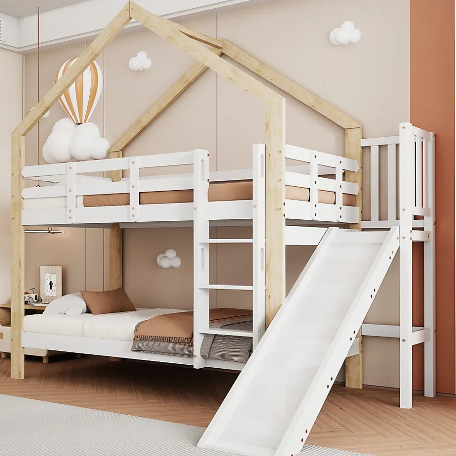 Enfant ProximaX Lit superposé 90x200 cm avec toboggan, lit cabane en bois massif blanc/nature avec barrières de sécurité, lit enfant