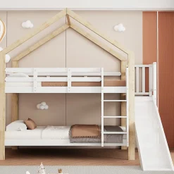Enfant ProximaX Lit superposé 90x200 cm avec toboggan, lit cabane en bois massif blanc/nature avec barrières de sécurité, lit enfant
