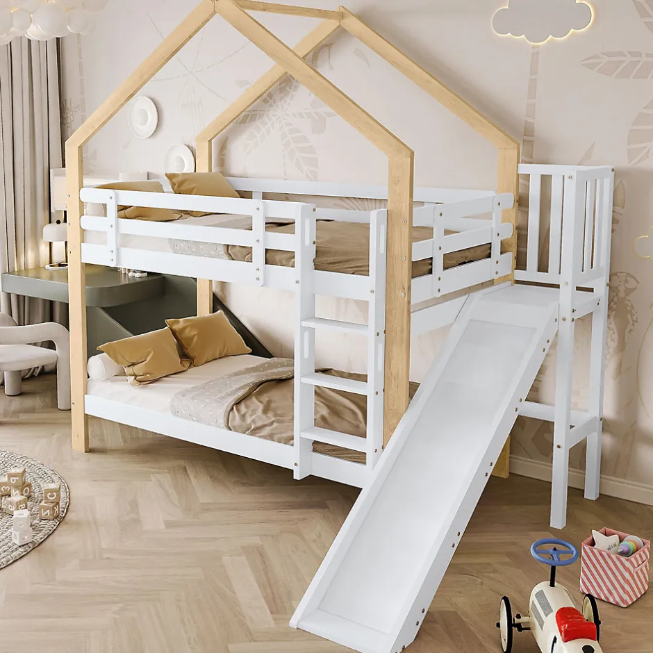 Enfant ProximaX Lit superposé 90x200 cm avec toboggan, lit cabane en bois massif blanc/nature avec barrières de sécurité, lit enfant
