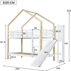 Enfant ProximaX Lit superposé 90x200 cm avec toboggan, lit cabane en bois massif blanc/nature avec barrières de sécurité, lit enfant