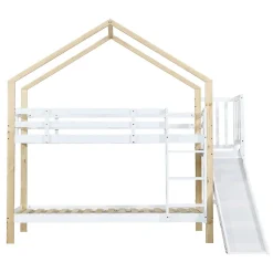 Enfant ProximaX Lit superposé 90x200 cm avec toboggan, lit cabane en bois massif blanc/nature avec barrières de sécurité, lit enfant