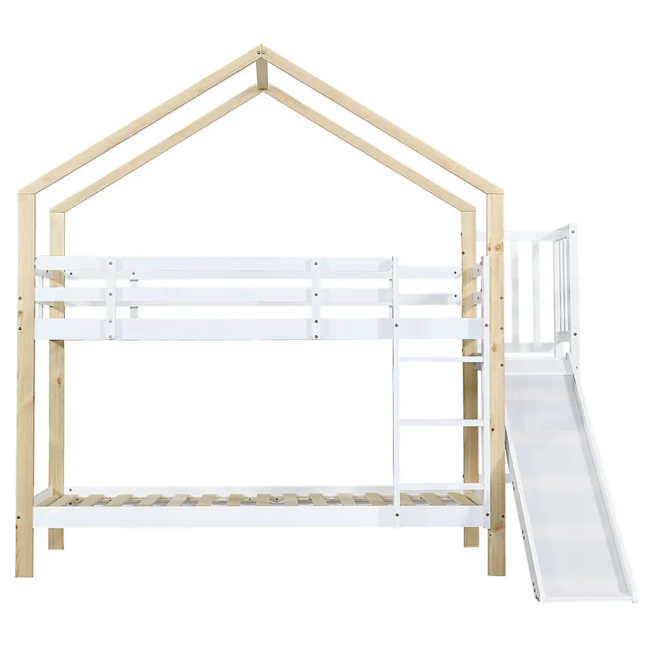 Enfant ProximaX Lit superposé 90x200 cm avec toboggan, lit cabane en bois massif blanc/nature avec barrières de sécurité, lit enfant