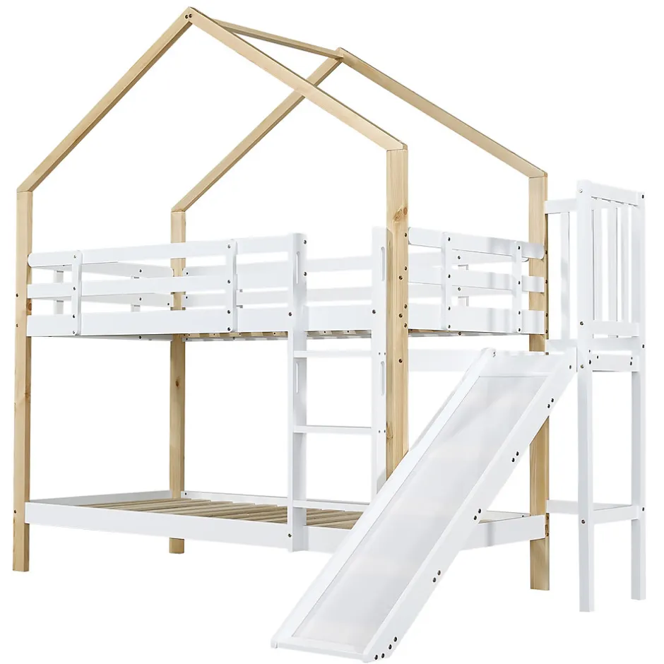 Enfant ProximaX Lit superposé 90x200 cm avec toboggan, lit cabane en bois massif blanc/nature avec barrières de sécurité, lit enfant
