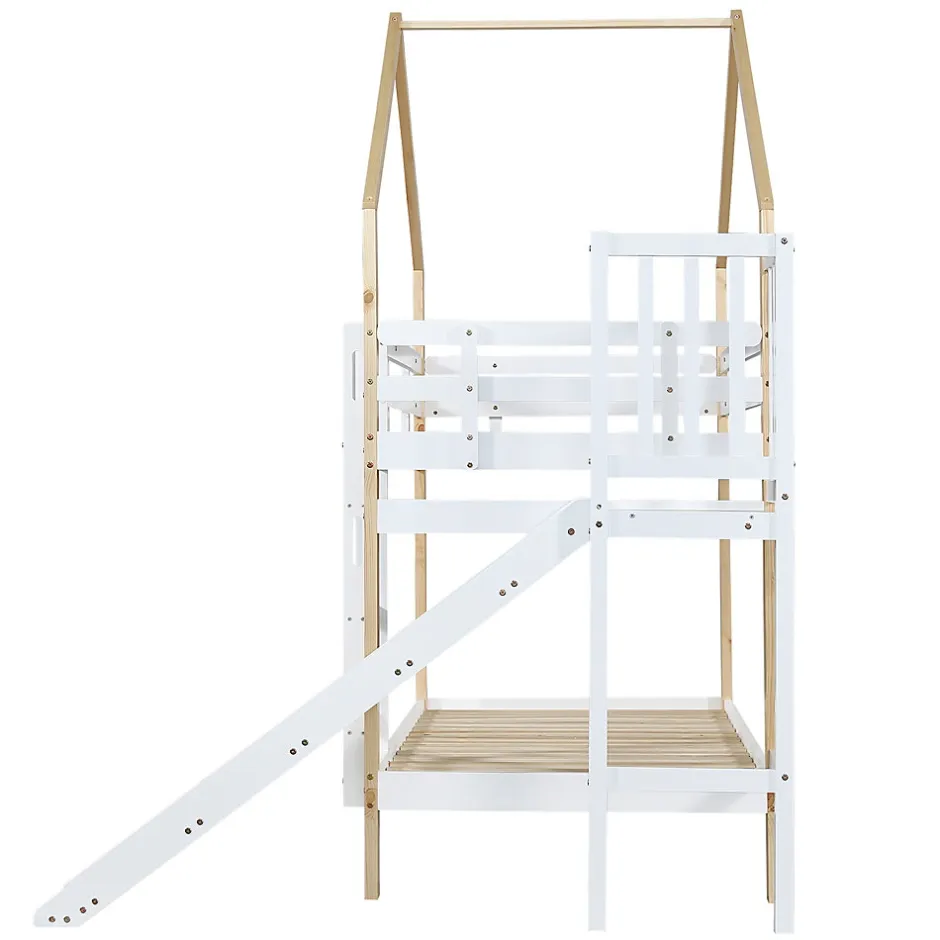 Enfant ProximaX Lit superposé 90x200 cm avec toboggan, lit cabane en bois massif blanc/nature avec barrières de sécurité, lit enfant