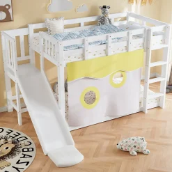 Enfant Redom Lit superposé 90x200 cm avec toboggan intégré et échelle, structure bois (MDF + pin) blanc