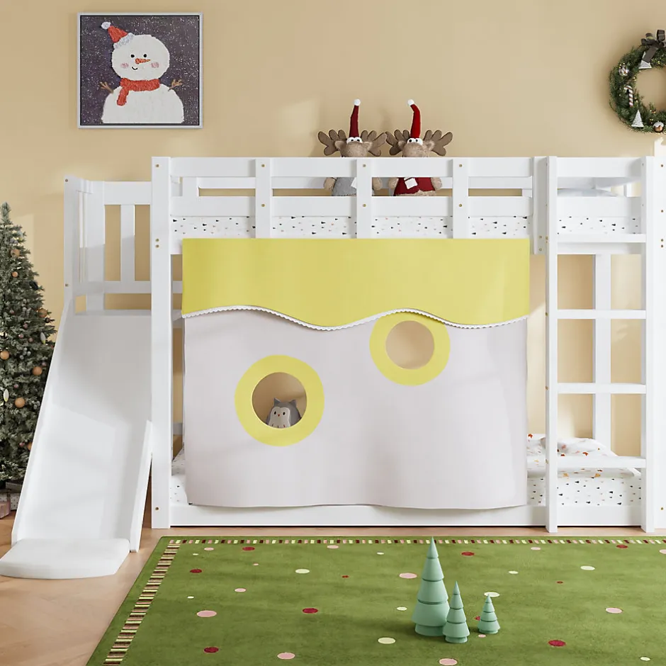 Enfant Redom Lit superposé 90x200 cm avec toboggan intégré et échelle, structure bois (MDF + pin) blanc