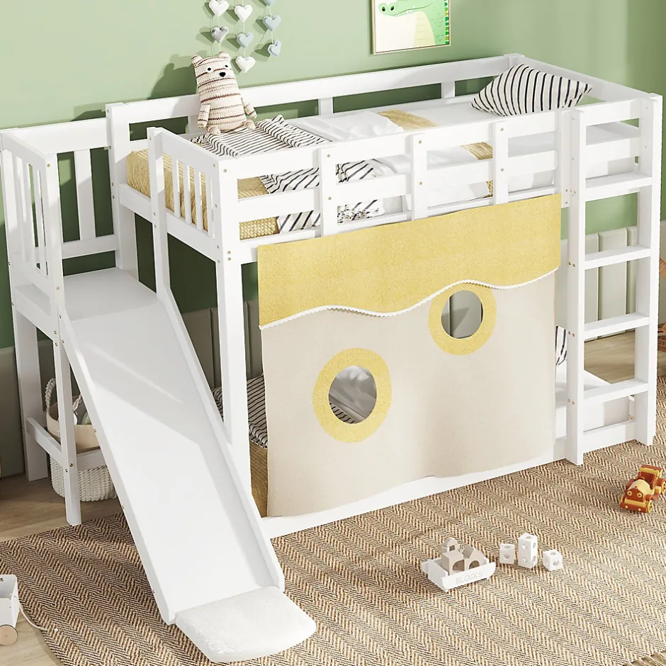 Enfant Redom Lit superposé 90x200 cm avec toboggan intégré et échelle, structure bois (MDF + pin) blanc