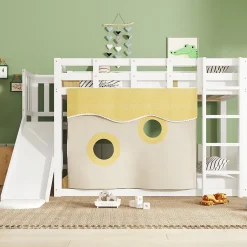 Enfant Redom Lit superposé 90x200 cm avec toboggan intégré et échelle, structure bois (MDF + pin) blanc