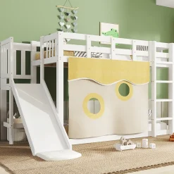 Enfant Redom Lit superposé 90x200 cm avec toboggan intégré et échelle, structure bois (MDF + pin) blanc