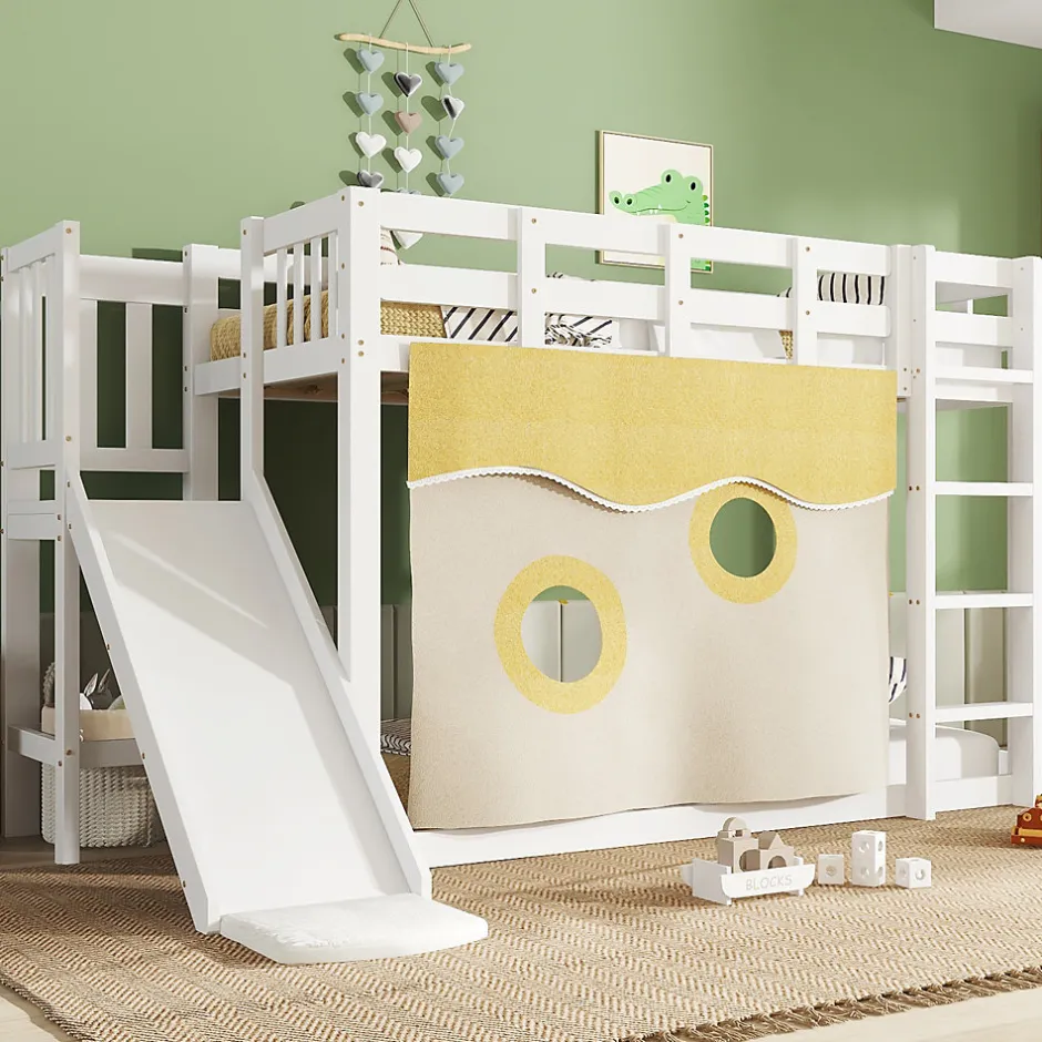 Enfant Redom Lit superposé 90x200 cm avec toboggan intégré et échelle, structure bois (MDF + pin) blanc