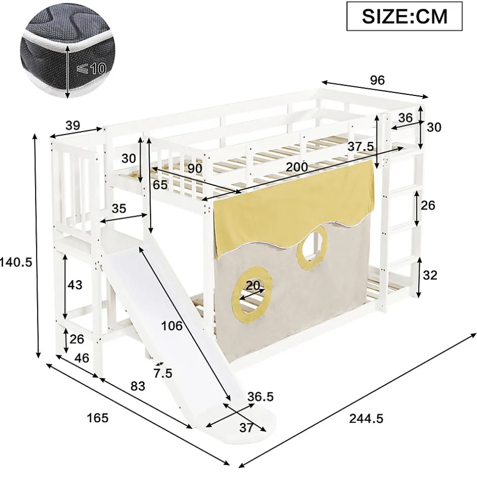 Enfant Redom Lit superposé 90x200 cm avec toboggan intégré et échelle, structure bois (MDF + pin) blanc