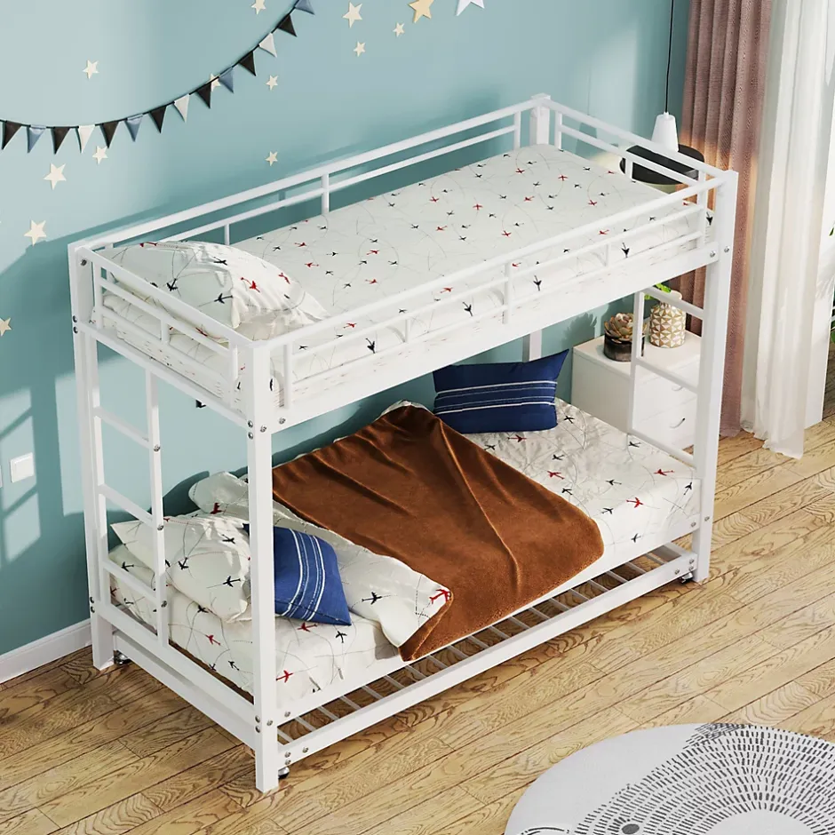 ProximaX Lit superposé 90x200 cm blanc, cadre en fer, lit gigogne 90x190 cm, sommier à lattes, 2 échelles, certifié EN747, durable Best