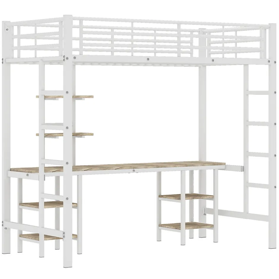 Enfant Fortuna lai Lit superposé 90x200 cm, cadre métal, table, étagères, sécurité, pour enfants et ados