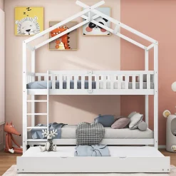Enfant Redom Lit superposé 90x200 cm convertible en 3 lits avec lit gigogne et barrières, structure bois massif blanc