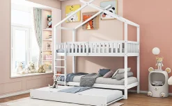 Enfant Redom Lit superposé 90x200 cm convertible en 3 lits avec lit gigogne et barrières, structure bois massif blanc