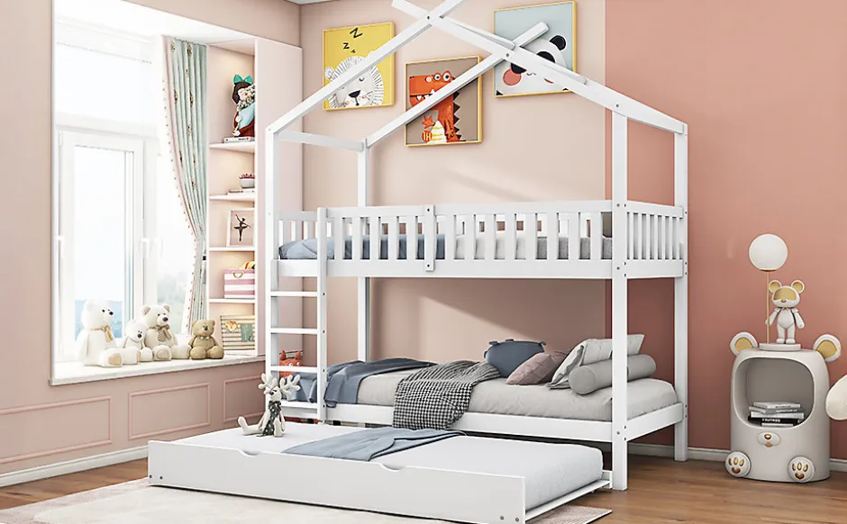 Enfant Redom Lit superposé 90x200 cm convertible en 3 lits avec lit gigogne et barrières, structure bois massif blanc