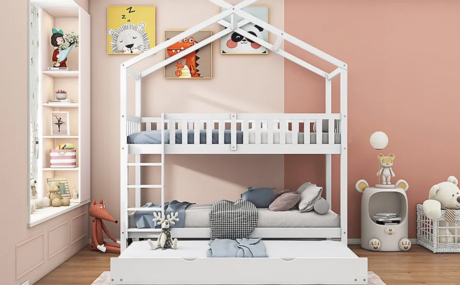Enfant Redom Lit superposé 90x200 cm convertible en 3 lits avec lit gigogne et barrières, structure bois massif blanc