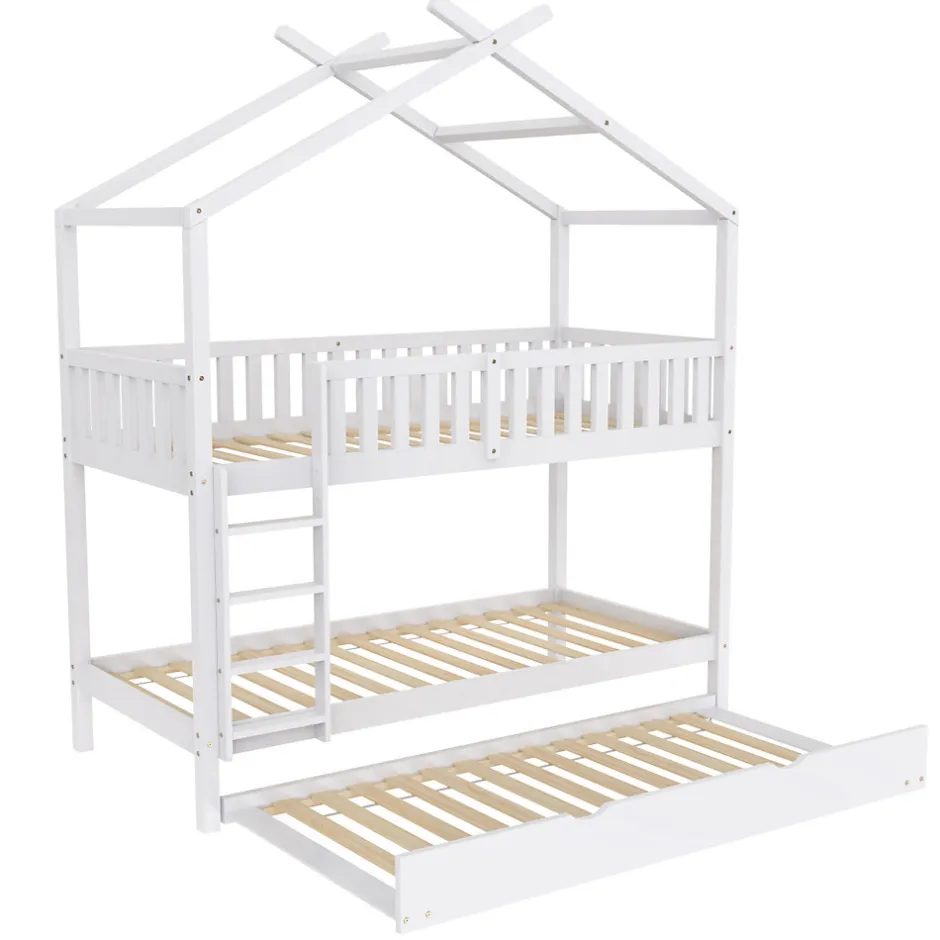 Enfant Redom Lit superposé 90x200 cm convertible en 3 lits avec lit gigogne et barrières, structure bois massif blanc