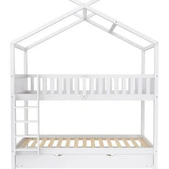 Enfant Redom Lit superposé 90x200 cm convertible en 3 lits avec lit gigogne et barrières, structure bois massif blanc